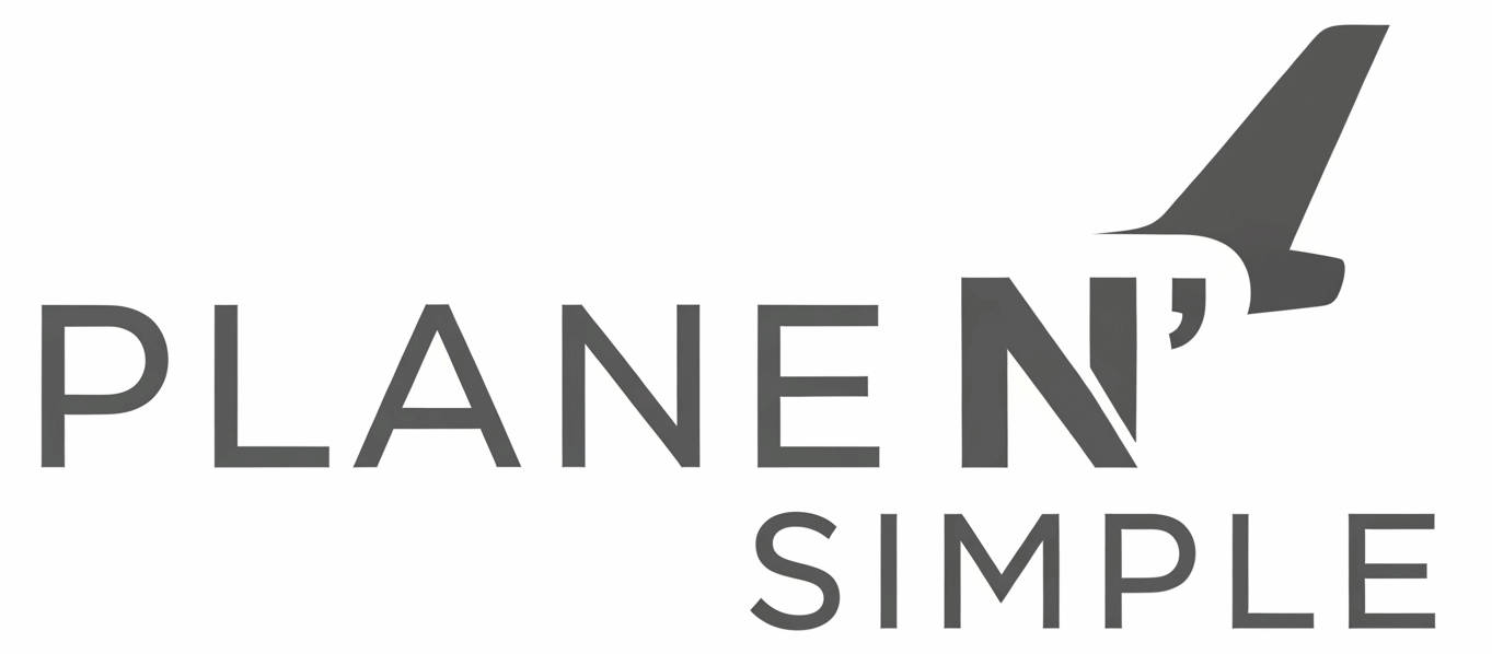 The image is a logo with the text "PLANE N' SIMPLE." The letter "N" is stylized to include the silhouette of an airplane tail. The design is in a simple, monochromatic style.