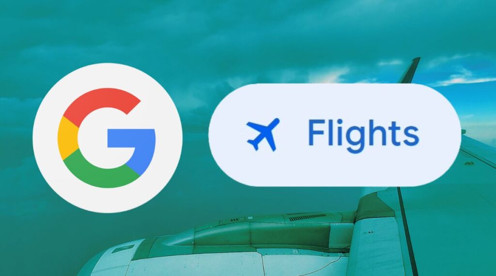 The image features the Google logo on the left and an icon of an airplane with the word "Flights" on the right. In the background, there is a view from an airplane window showing the wing and a cloudy sky.