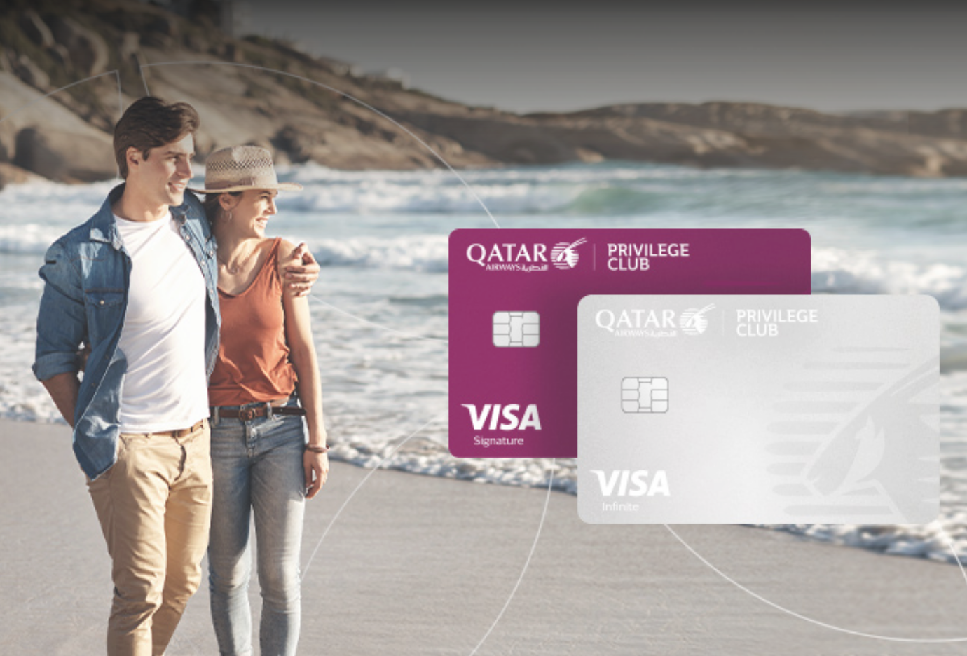 A couple is walking on a beach, smiling and enjoying the scenery. The background shows waves and rocky cliffs. In the foreground, there are two Qatar Airways Privilege Club Visa cards, one purple and one silver. Text on the image reads, "Earn up to 100,000 bonus Avios** Plus up to 6x Avios on dining until February 4, 2026**."